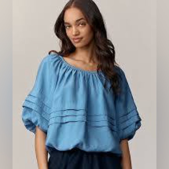 Anthropologie Tops - NWT Anthropologie Maeve Elbow Sleeve Bubble Hem Top Cornflower Blue XXS